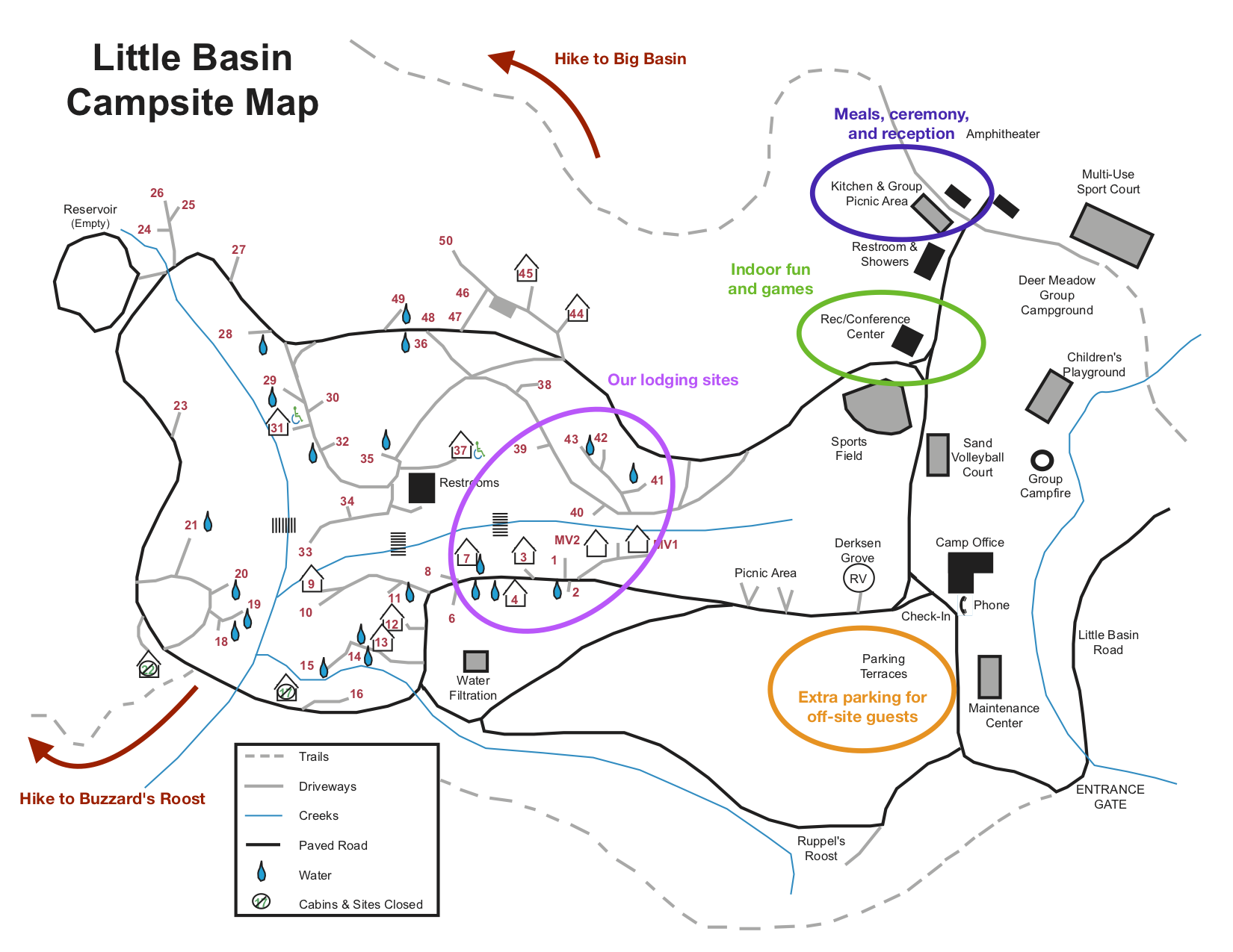 Little Basin Camp Map with annotations for wedding locations as described below