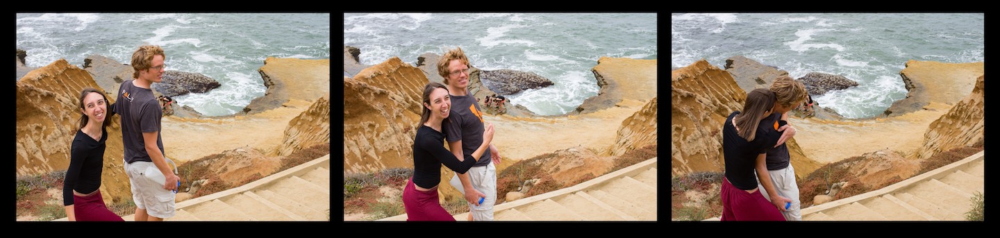 A series of three photos of Elaine and Ben having fun on the cliffs by the beach