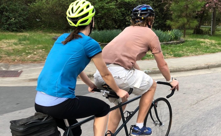 Elaine and Ben on a tandem bicycle